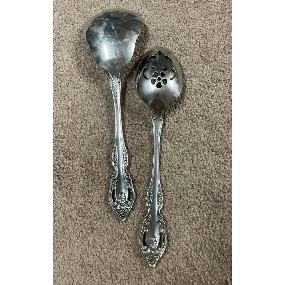 Vintage Oneida Community Stainless Rose design Brahms Set‎ of 2 Serving Spoons